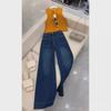 2024 Autumn High-Waisted Straight-Leg Retro Blue Micro-Flared Jeans for Women