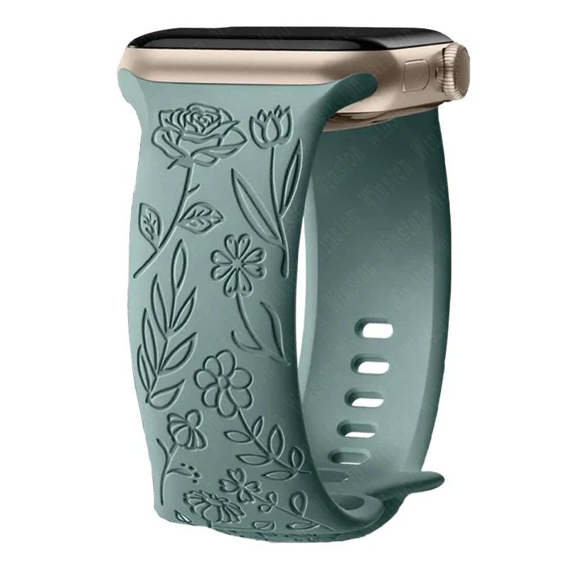 Ремешок с гравировкой и цветочным узором для Apple Watch Band Ultra 2 49/ 46/ 45/ 44/ 40/ 42 мм, браслет IWatch Series 10 9 8 7 6 SE 5 4