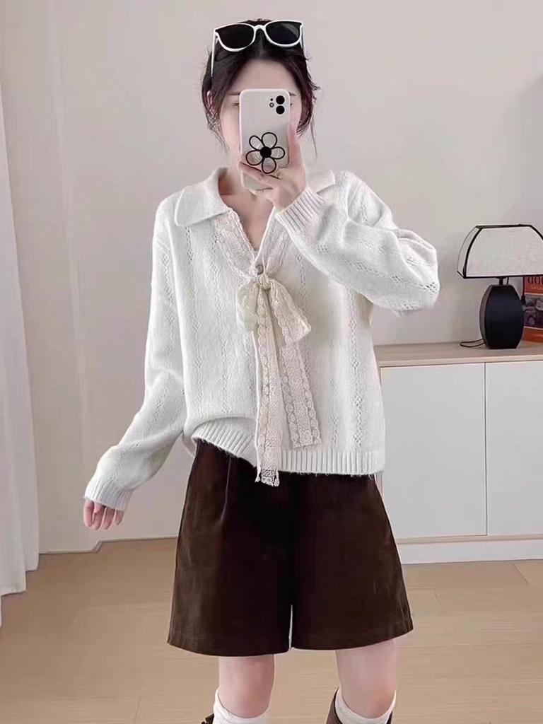 Кружевной кардиган с лацканами на шнуровке, вязаный топ, новый свободный ленивый свитер-жакет для женщин на осень и зиму