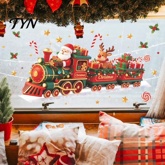Santa Train Decorations Christmas Wall Sticker, Claus Reindeer Decals, Self Adhesive Winter Wonderland Home Accents Murals, Removable PVC Art