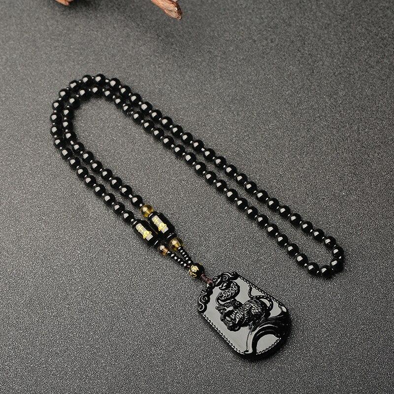 Retro Chinese Style Simulate Obsidian Engraved Zodiac Signs Animal Pendant Necklace for Men Jewelry
