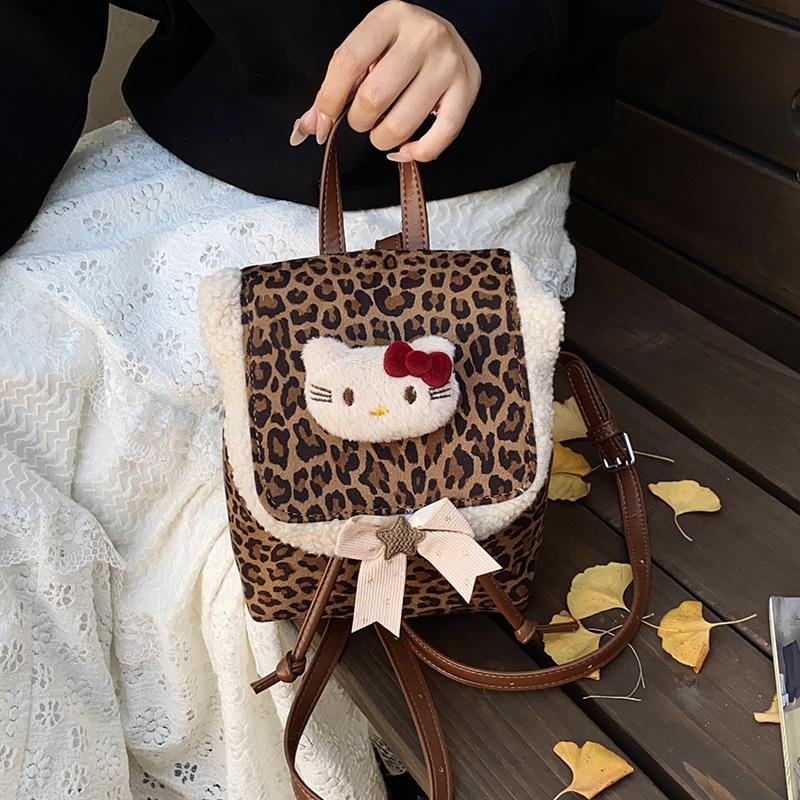 Fashion Leopard Print Boys And Girls Backpack Cute Bow Baby Small Schoolbag Plush Cat Children'S Backpack