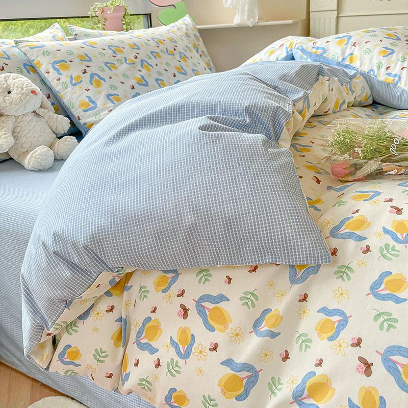 Небольшой комплект из четырех предметов из чистого хлопка с цветочным принтом, хлопковые пододеяльники с девчачьим сердцем, простыни для студентов, односпальная кровать в общежитии, комплект из трех пододеяльников