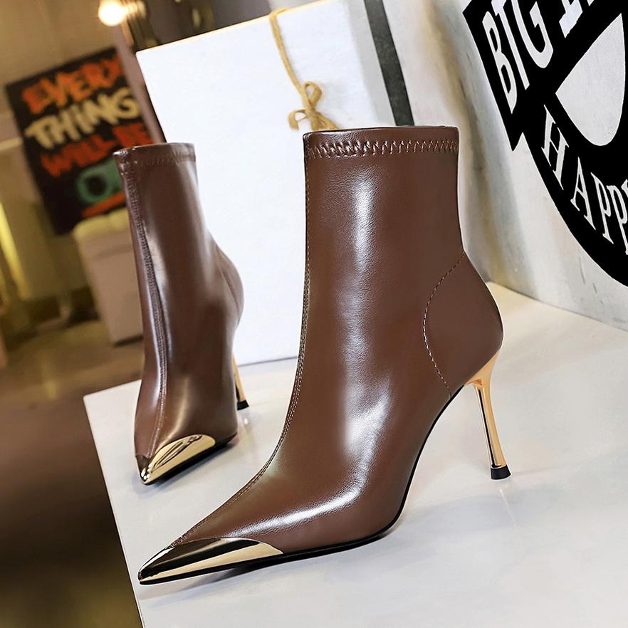 Зимние короткие сапоги, Тонкие каблуки, Очень высокие каблуки, Женские сапоги, Короткие сапоги-трубы, Металлический острый носок, Модные короткие сапоги