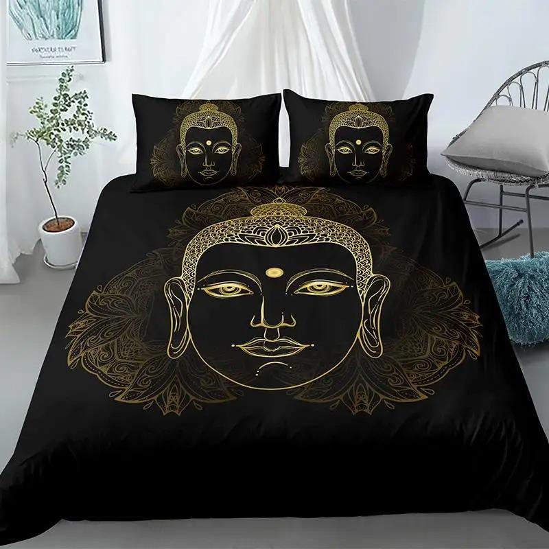 Buddha Duvet Cover Collection King Size Exotic Ethnic Bohemian Bedding Collection Microfiber Golden Buddha Statue Print Gorgeous Quilt Cover