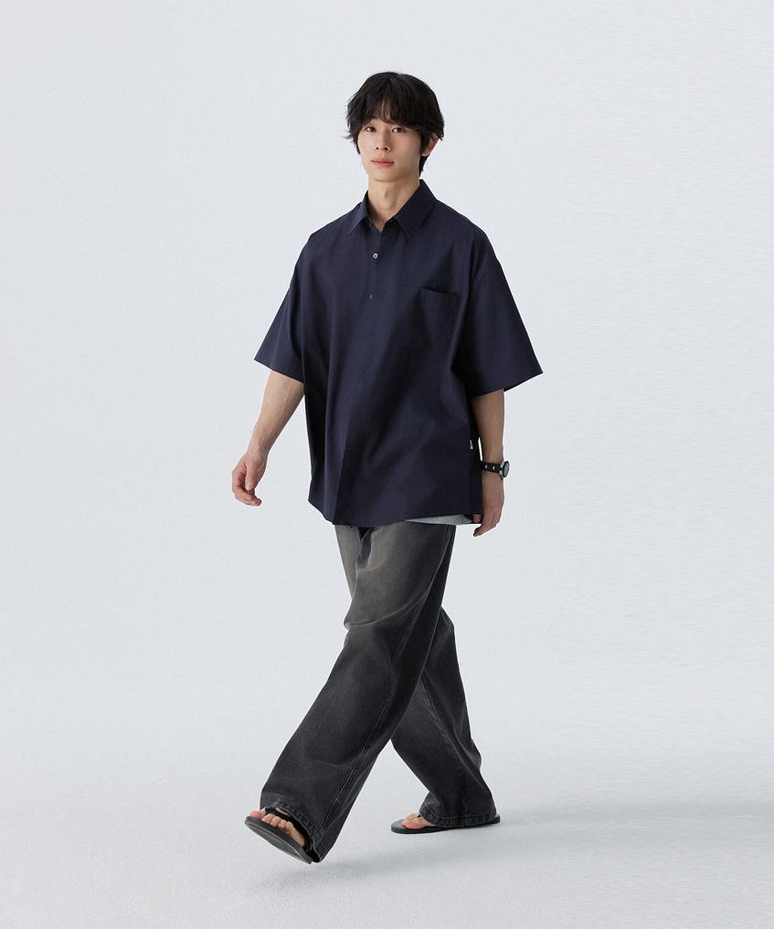 STENDS [M~4XL] Рубашка с коротким рукавом из хлопка Flow_Темно-синий