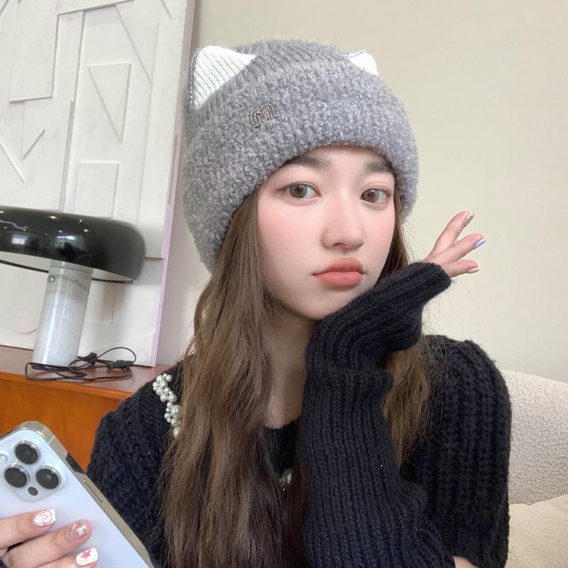 Милая шапка-кошка, женская теплая вязаная шапка, универсальная зимняя шерстяная шапка с изображением лица, маленькая японская холодная шапка