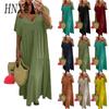 Женское летнее модное однотонное платье с V-образным вырезом больших размеров, свободное длинное повседневное платье с коротким рукавом