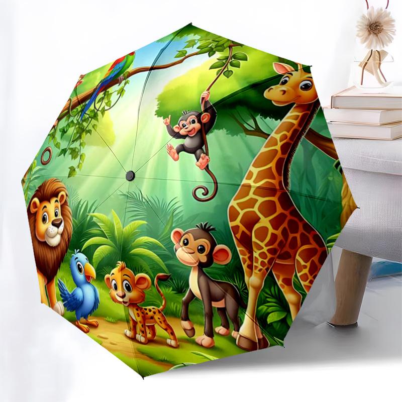 Jungle Animal Friends Automatic Opening Folding Umbrella with 8-Bone Iron Frame - Perfect for Fans, Travelers, Daily Use, and Festive Gifts!