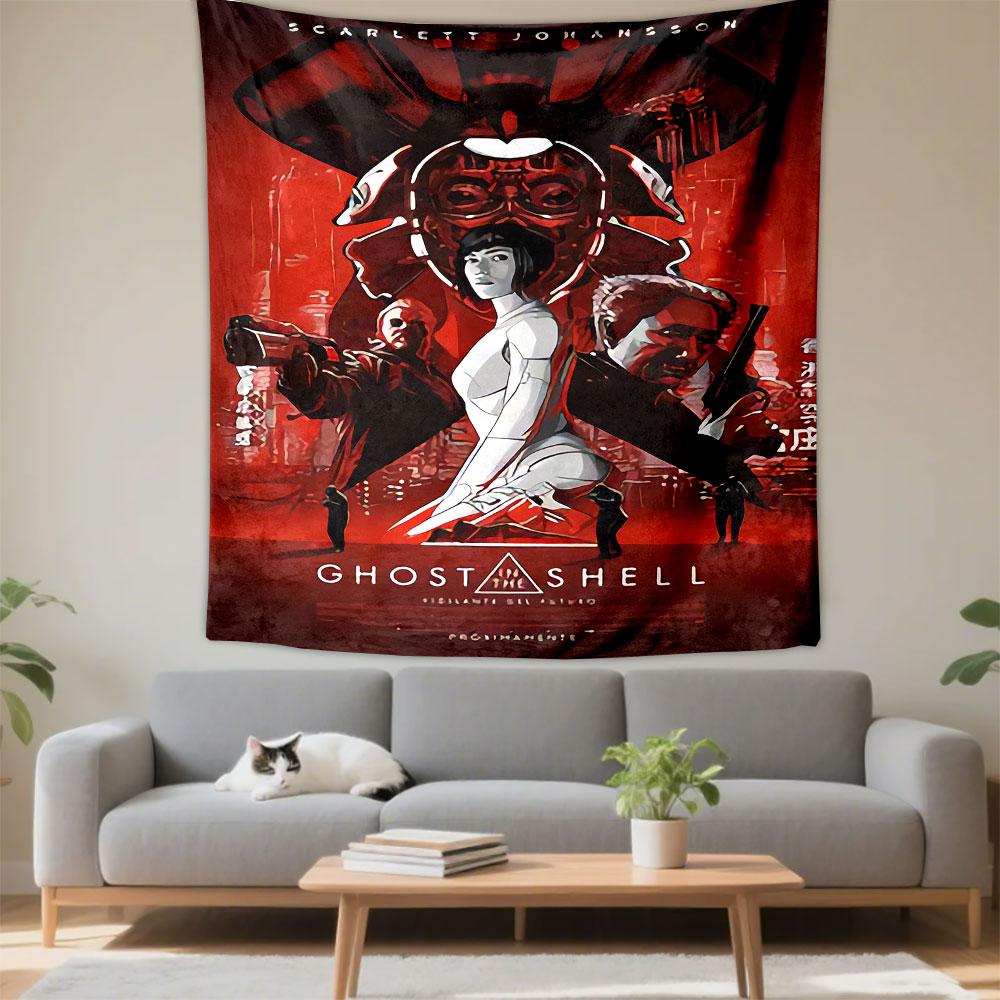 Ghost in the Shell Anime Tapestry Wall Hanging, Motoko Kusanagi Cyberpunk Art, Japanese Sci-Fi Wall Decor for Bedroom Gaming Room