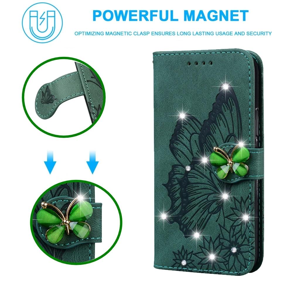 Кошелек-книжка с блестящей кожей для телефона iPhone 16 Pro Max 15 Plus 11 14 13 12 XR XS X SE 2020, с бабочкой, Bling, обложка-книга с карманами