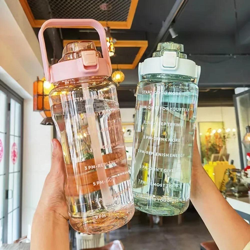 Large - Capacity Straw Water Bottle, 2000ml Marked Handle Cup, Dual - Drink Pop - Up Lid Portable Sports Bottle Adult Universal