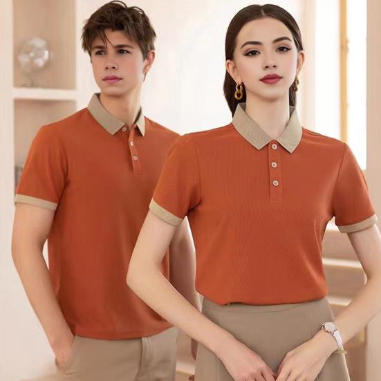 Unisex Waiter Waiteress Uniform Button Lapel Solid Color Short Sleeves Breathable Soft Coffee House Hotel Dinner Food Serving Top