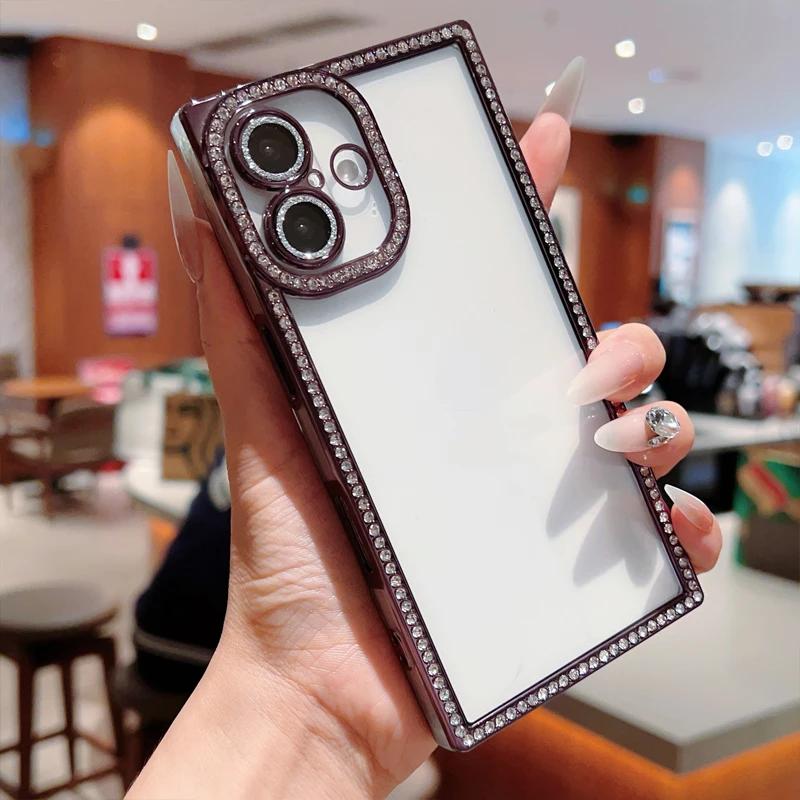 Прозрачный чехол с алмазным покрытием для iPhone 16 Pro Max 15 Plus 14 13 Pro, мягкий силиконовый защитный противоударный чехол для линз