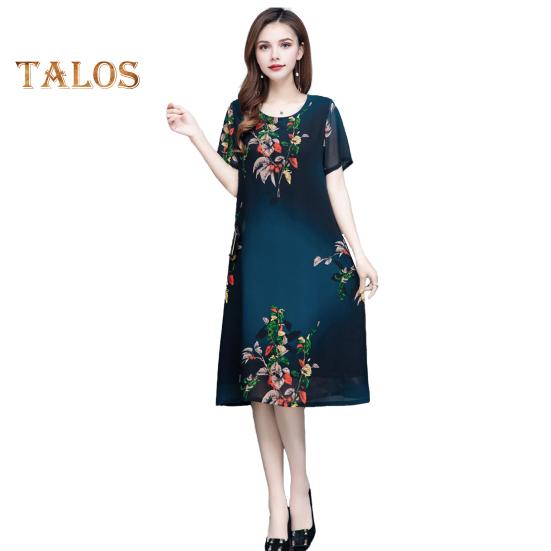 Женское летнее платье среднего возраста с цветочным принтом, круглым вырезом, короткими рукавами, двухслойное платье длиной до колена, больших размеров, свободное женское платье миди для выпускного вечера