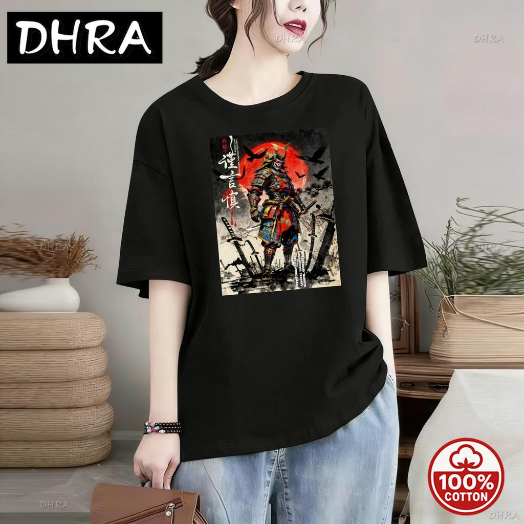 100 Cotton Unisex Tshirt Samurai Warrior Standing With Sword Red Moon Background Calligraphy Artwork Traditional Style Design