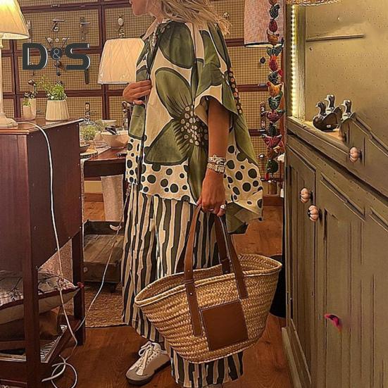 Женский комплект из двух предметов с цветочным принтом, свободный топ с коротким рукавом и широкими брюками, летний повседневный уличный стиль в стиле бохо