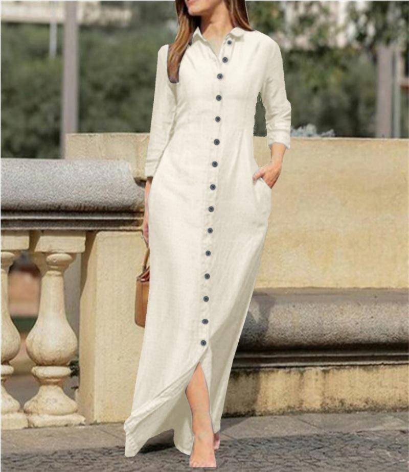 Elegant Women's Long Sleeve Cotton Linen Cardigan Dress - 2023 European/American Neutral Style with Turn-Down Collar