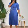 2024 African Inspired Womens V Neck Pleated Dress Fashionable Solid Color Design