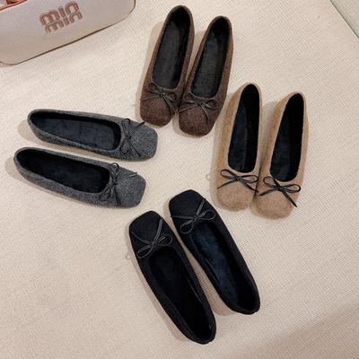 Виноградная мама в том же стиле, красивые и универсальные осенне-зимние туфли-балетки с плюшевым бантом, теплые, с мелким вырезом, женские весенне-осенние