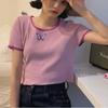Summer New Korean Style Ins Butterfly Print Contrasting Color Short-sleeved T-shirt Women's Short Slim Versatile Top Trendy
