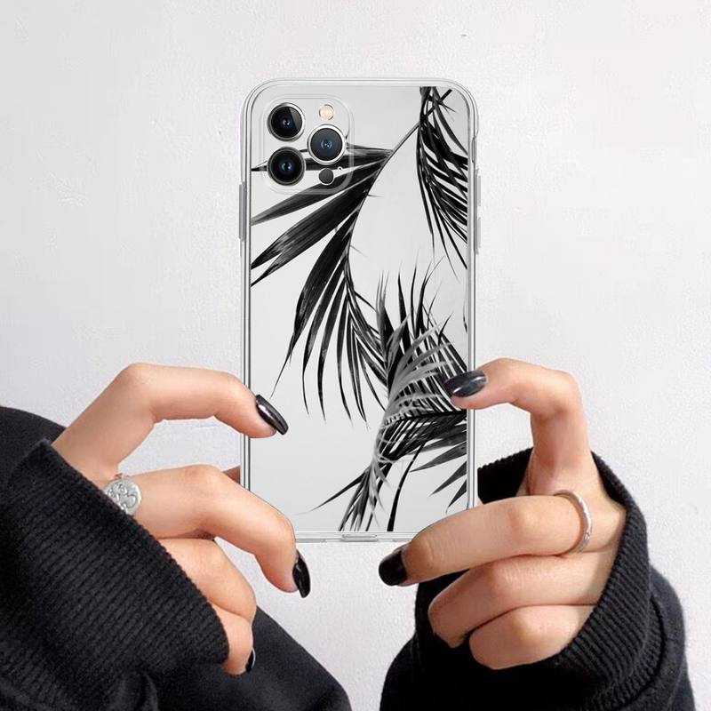 Черно-белые пальмовые листья пальмы Чехол для телефона Для iPhone 14 13 12 11 Pro Max XS X XR SE 2020 6 7 8 Plus Mini Прозрачный корпус