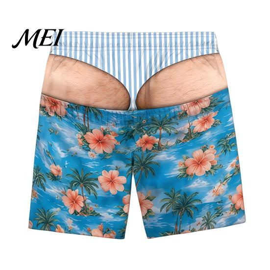 Elastic Waist Board Shorts Men Hairy Booty Shorts, 3D Butt Print Beach Activewear for Water Sports Funny Patriotic Swim Trunks Summer Vacation
