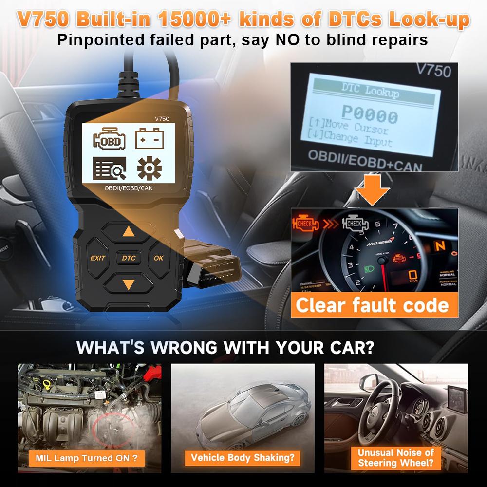 V750 Автомобильный сканер OBD2 Считыватель кодов OBD2 Тестер аккумулятора и датчика кислорода Чтение информации об автомобиле Диагностические инструменты Система проверки двигателя