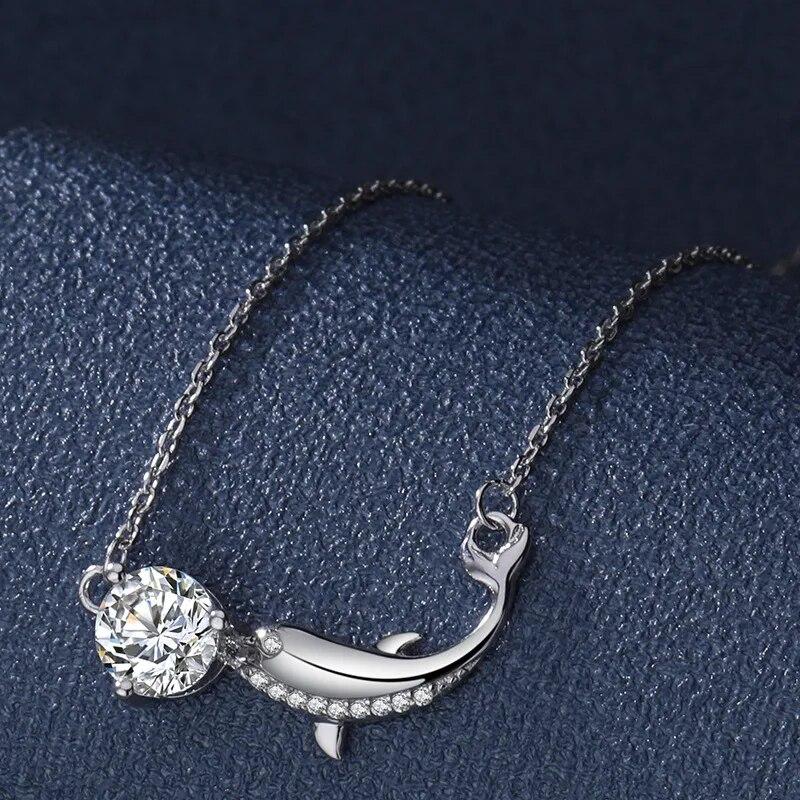 1 Carat Diamond Test Past D Color Moissanite Dolphin Pendant Necklace Silver 925 Original Gemstone Fish Necklace Chain for Girls