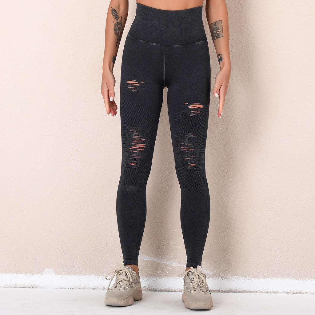 Clearance washed yoga pants with distressed cutouts, seamless high-waisted sports capri pants, butt-lifting fitness pants for women