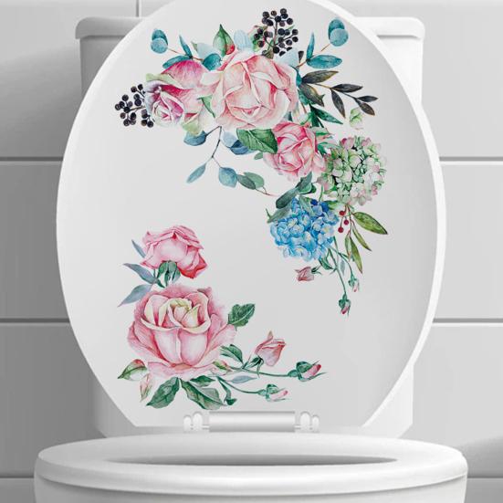 Watercolor Flower Toilet Sticker Removable Self-adhesive Waterproof PVC Bathroom Wall Art Decoration Decal Home Supplies