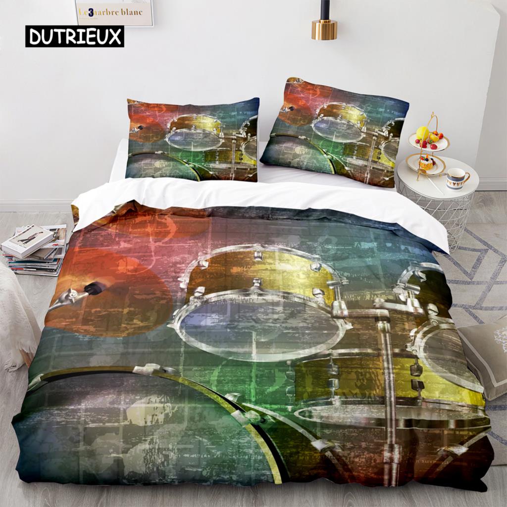 Drum Kit Duvet Cover Set Classical Music Comforter Cover Musical Instrument Lightning Pattern Quilt Cover for Kids Boys Teens