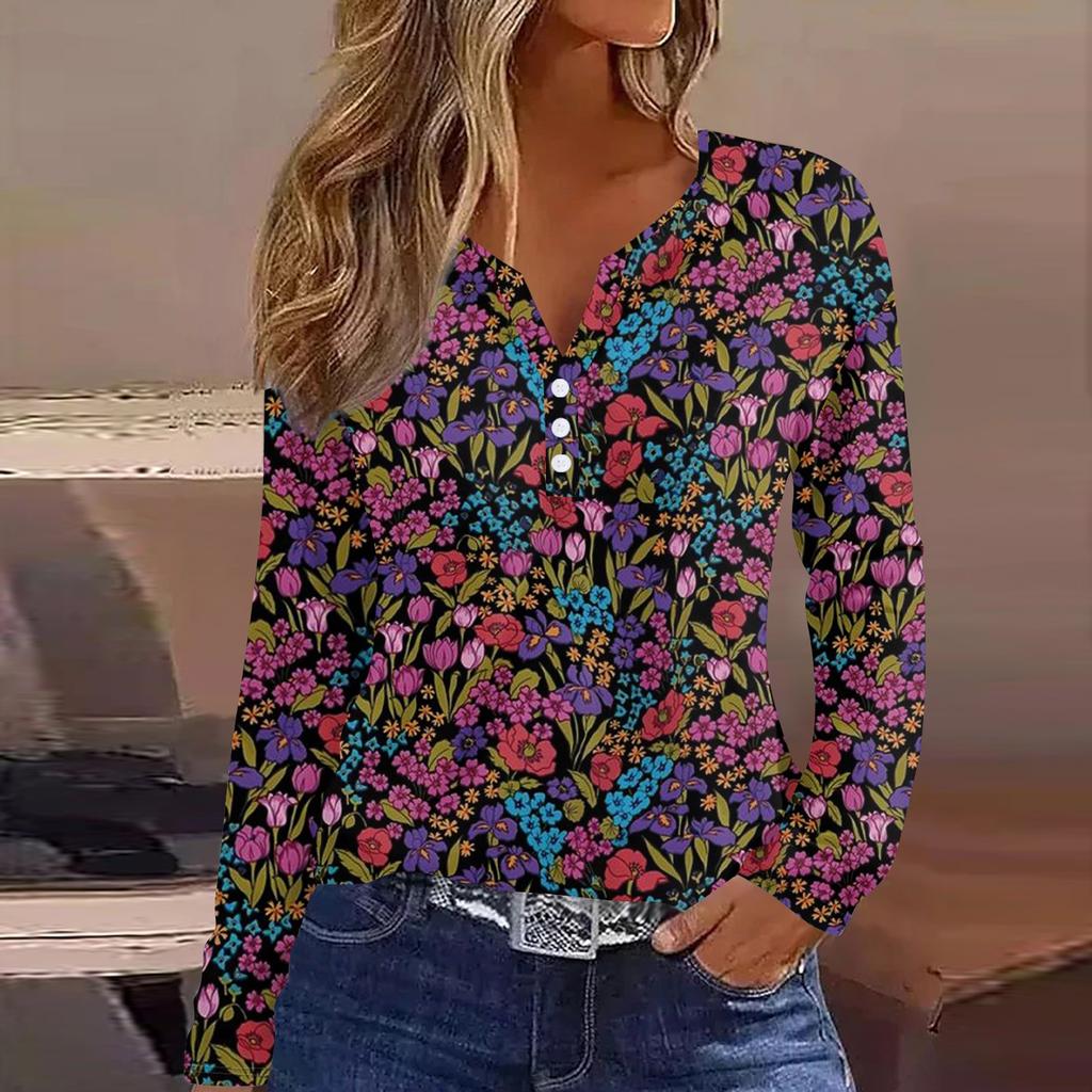 Женская модная повседневная футболка с v-образным вырезом и длинным рукавом с принтом, топ на пуговицах