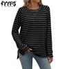 Женская мода повседневная весна-осень полосатый принт длинный рукав О-образный вырез блузки и рубашки