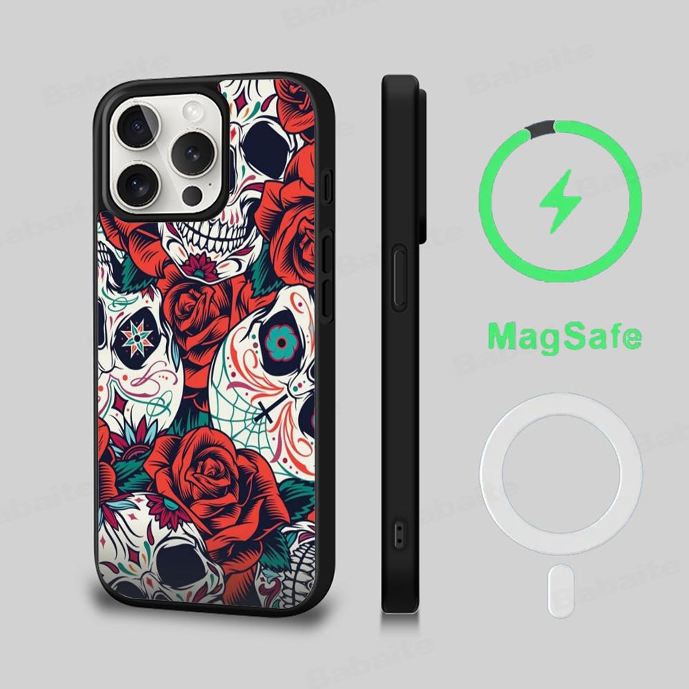 Жуткие узоры в виде черепов Чехол для телефона Магнитный чехол Для IPhone 16 14 13 12 11 15 Pro Max Plus Для Magsafe Беспроводная зарядка Чехол