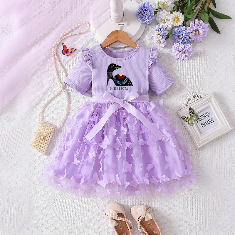 Girls Butterfly Tulle Dress, Dazhou Printing,Cute Princess Party Dress with Bow, Short Sleeve Summer Dress for Little Girls