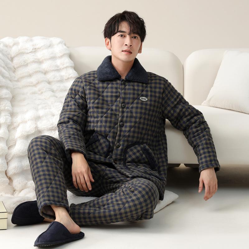 Pajamas Men'S Winter Three-Layer Pure Cotton Padded Thickened Fleece Warm Winter Coral Fleece Large Size Loungewear Set