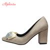 Fashion Aphixta Fashion Bling Crystal Bow 7cm Heels Pumps Women Butterfly-knot Pointed Toe Flock Suede Shoes Super Big Size 35-53