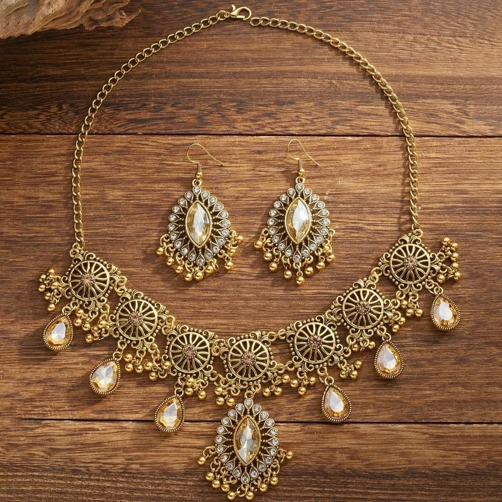 Metal Necklace Earrings Set Water Drop Pendant Ethnic Style Necklace Set  Wedding Party