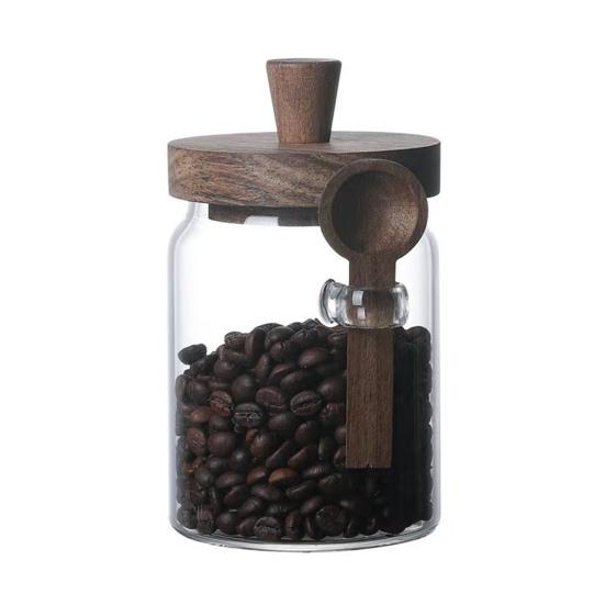 Glass Airtight Canister Sealed Jar with Wooden Spoon Transparent Food Storage Jar for Spice Coffee Beans Kitchen Pantry Supplies