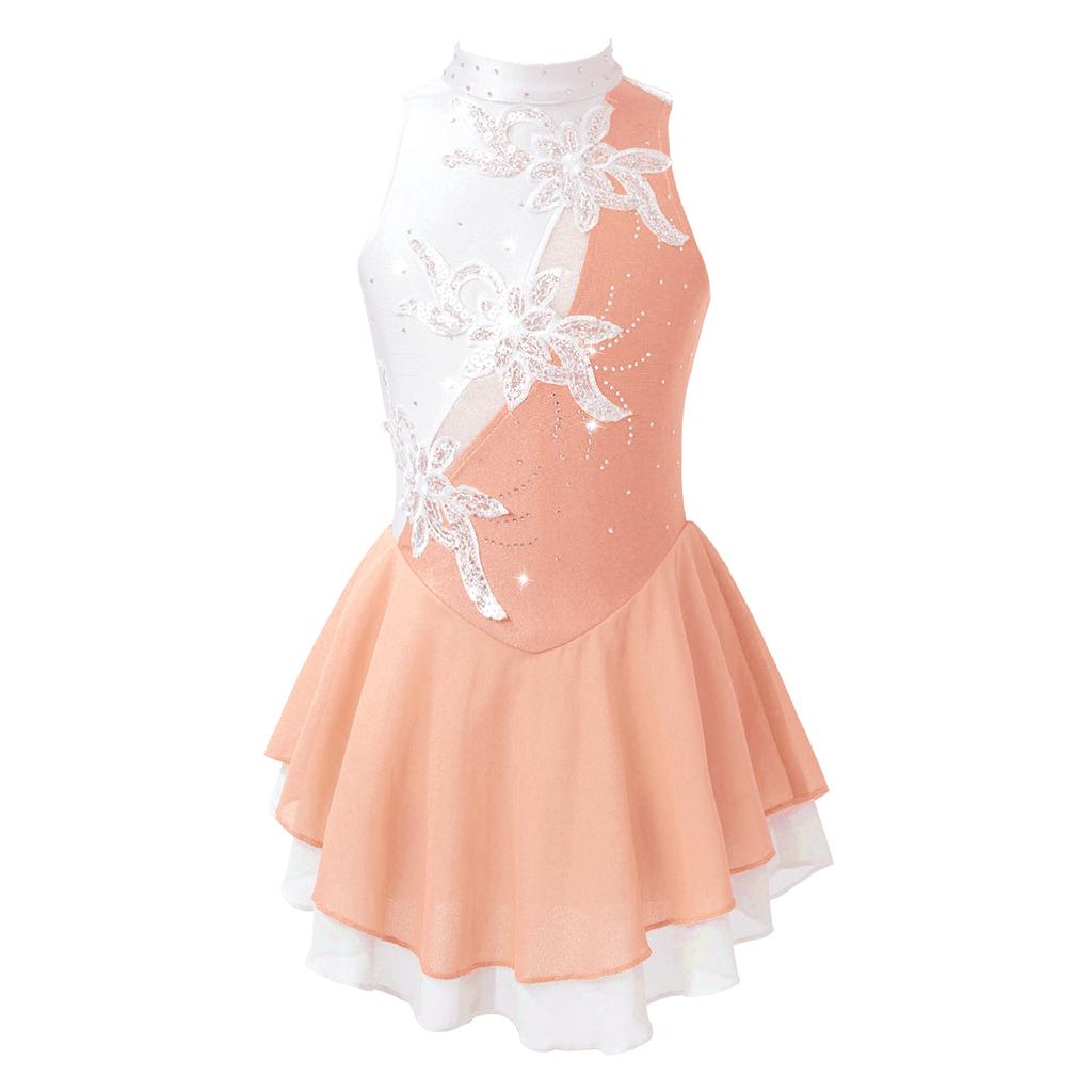 Kids Girls Sparkly Floral Dance Dress Sleeveless Round Neckline Sequins Hollow Back Performance Wear