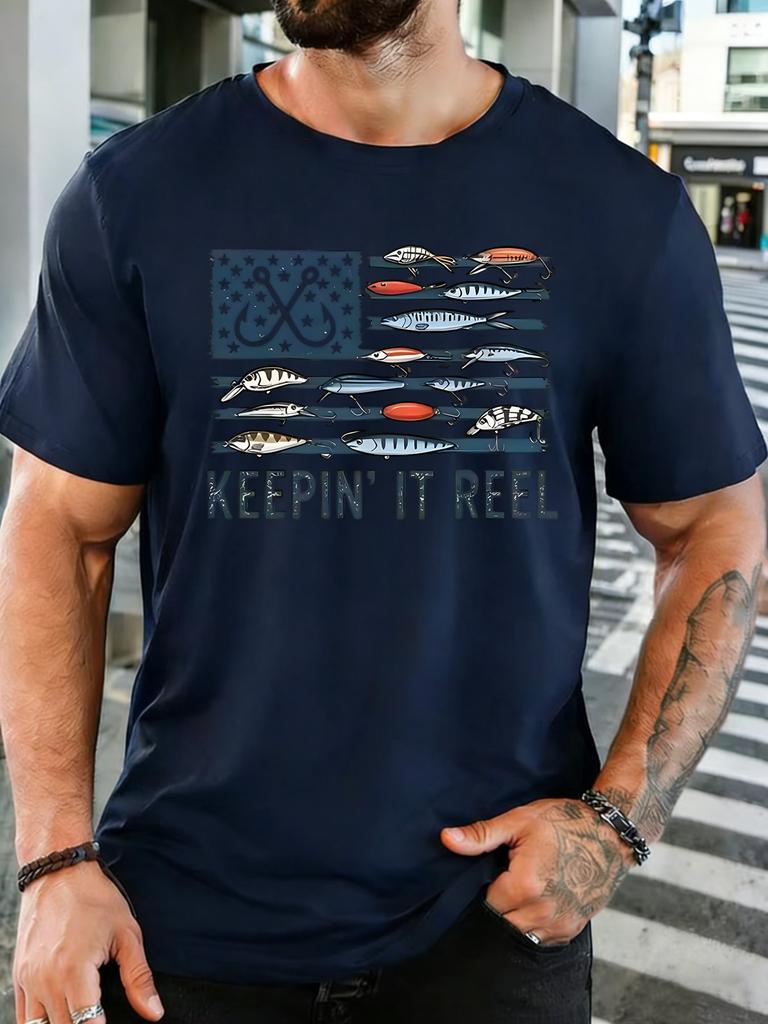 Red Unisexs Tee Fishing Lure American Flag Print Crew Neck Cotton Short Sleeve Fashion Male Street Summer Soft Daily Casual Wear