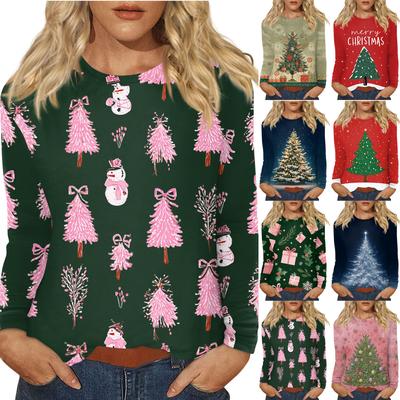 Женский повседневный топ с длинным рукавом и принтом, с круглым вырезом