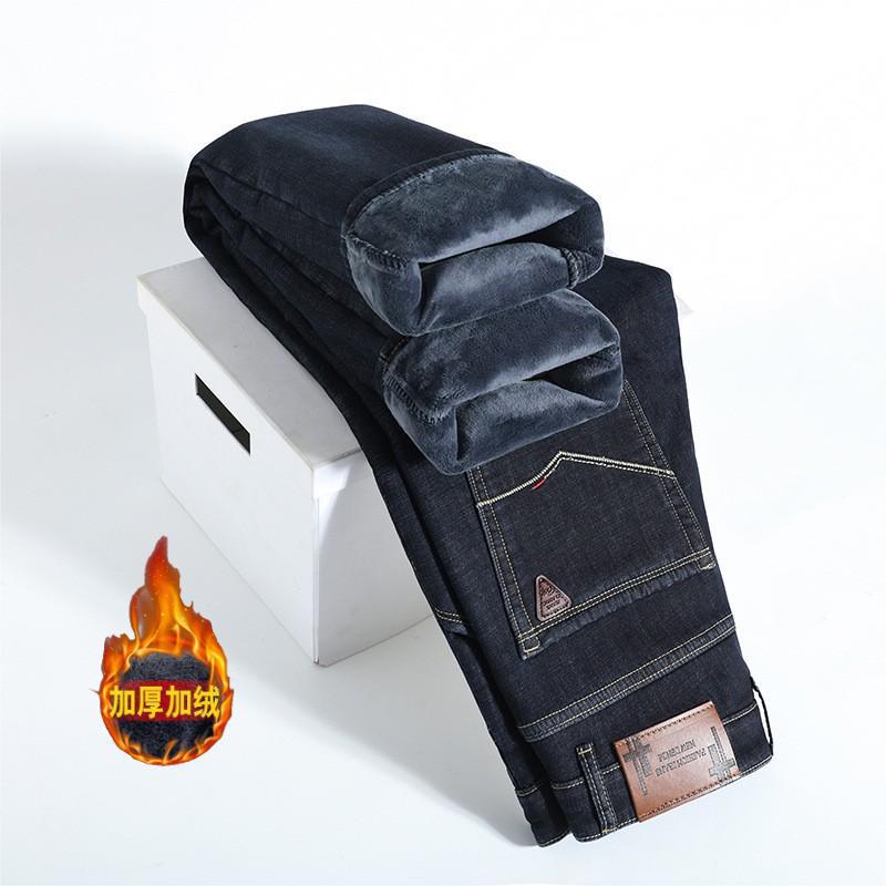 Джинсы брюки высокого класса осень и зима эластичный флис прямые брюки