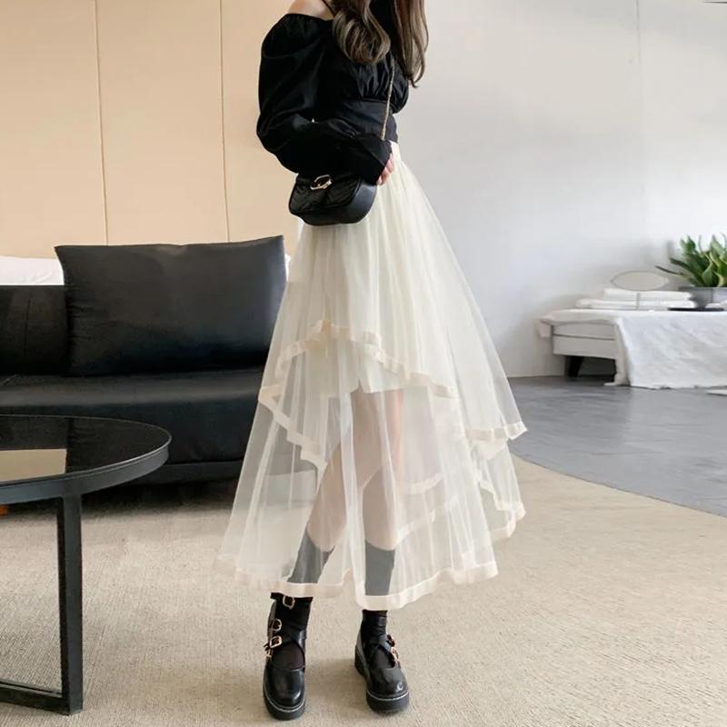 Женские юбки, однотонная корейская асимметричная сетчатая юбка, летние милые уютные свободные юбки, повседневная универсальная юбка с высокой талией