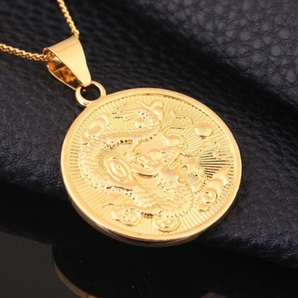 Мужская цепочка золотого цвета со зодиаком, круглые китайские ювелирные изделия, золотой кулон, ожерелье с драконом