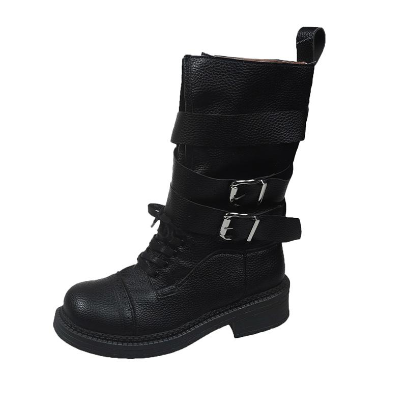 Модные ретро ботинки до середины голени в британском стиле женские весенне-летние новые на блочном каблуке с ремешком и пряжкой универсальные одинарные ботинки