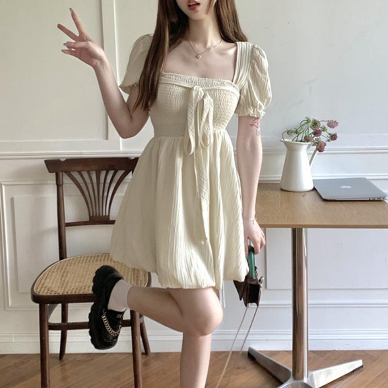 Женское летнее платье-трапеция с завязками, утягивающее, с французским квадратным воротником, с завышенной талией