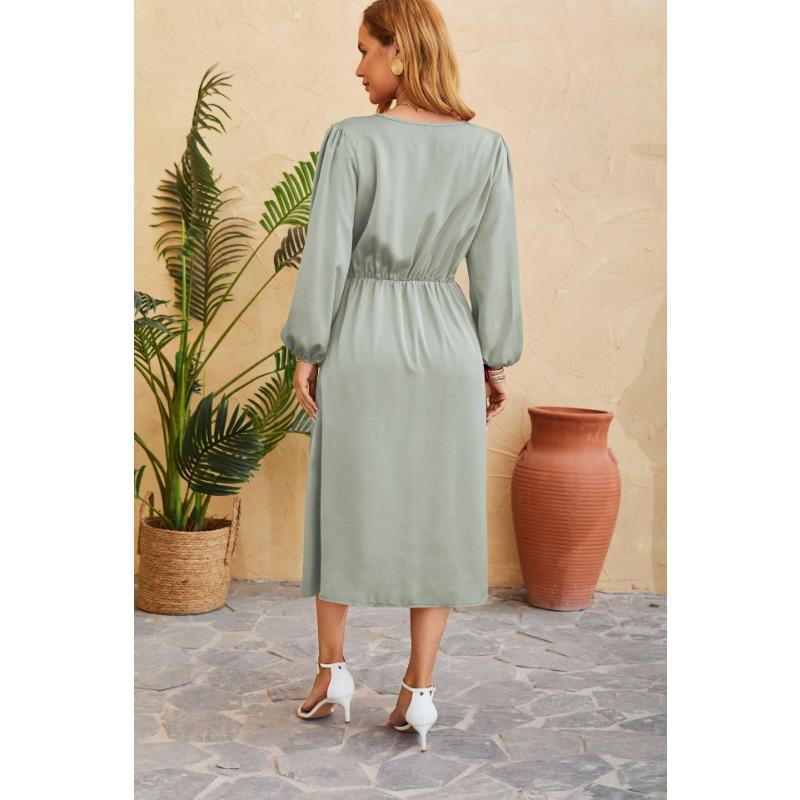 Весенне-осеннее женское платье, однотонное сексуальное платье с v-образным вырезом и разрезом подол