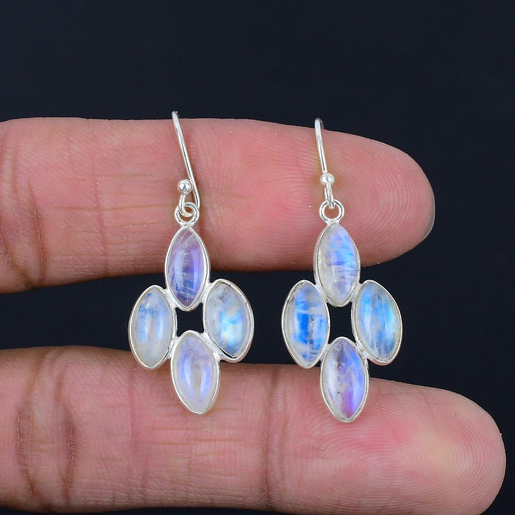 Natural Blue Fiery Rainbow Moonstone Earrings Solid 925 Sterling Silver Handmade Drop Dangle Earrings Jewelry Valentine's Day Gift For Love